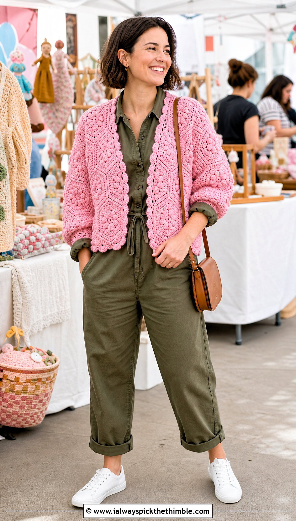 Bobble Stitch Hexi Cardigan With Utility Jumpsuit - 25 crochet hexi cardigan outfit ideas