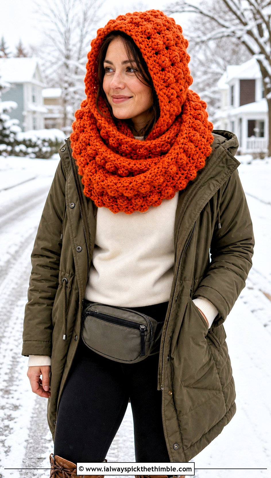 Bobble Stitch Hooded Crochet Cowl Snood With Parka - 20 hooded crochet cowl snood outfit ideas