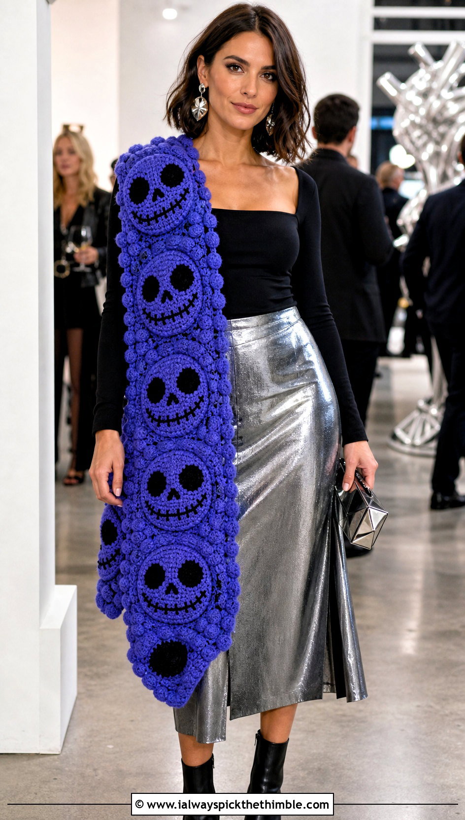 Bobble Stitch Jack Skellington Crochet Scarf With Party Outfit - 20 Crochet Jack Skellington Scarf outfit ideas