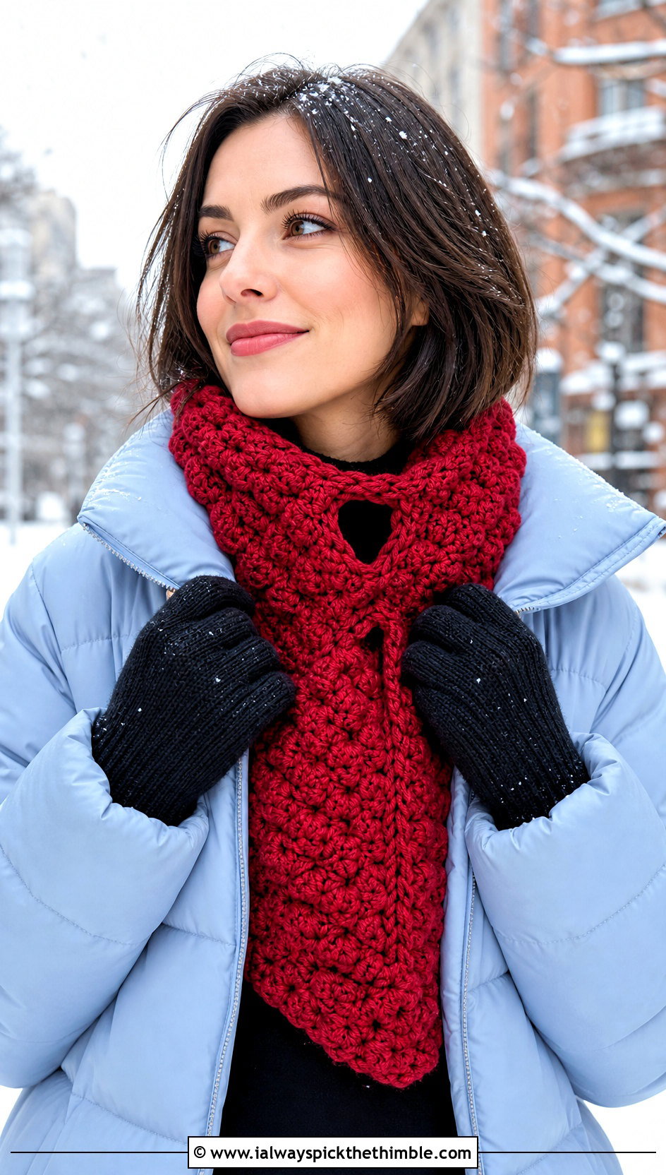 Bobble Stitch Keyhole Crochet Scarf With Puffer Coat - 20 Keyhole Crochet Scarf outfit ideas