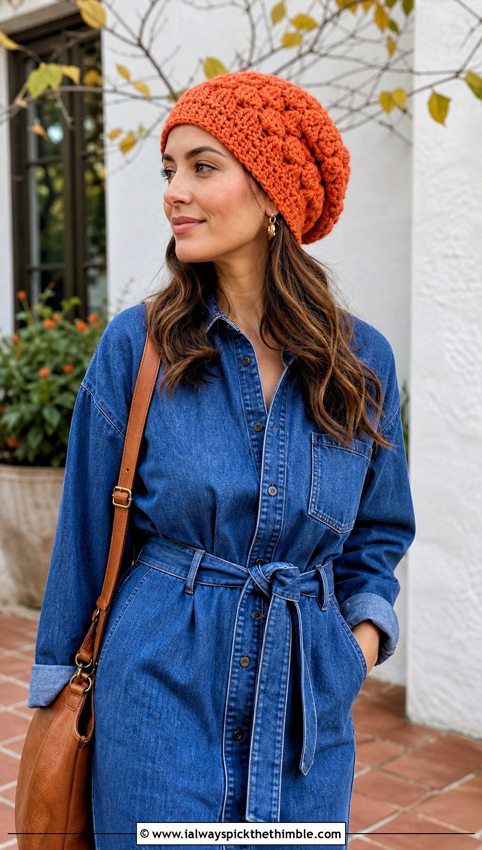 Bobble Stitch Long Crochet Hat With Denim Dress - 20 crochet long hat outfit ideas