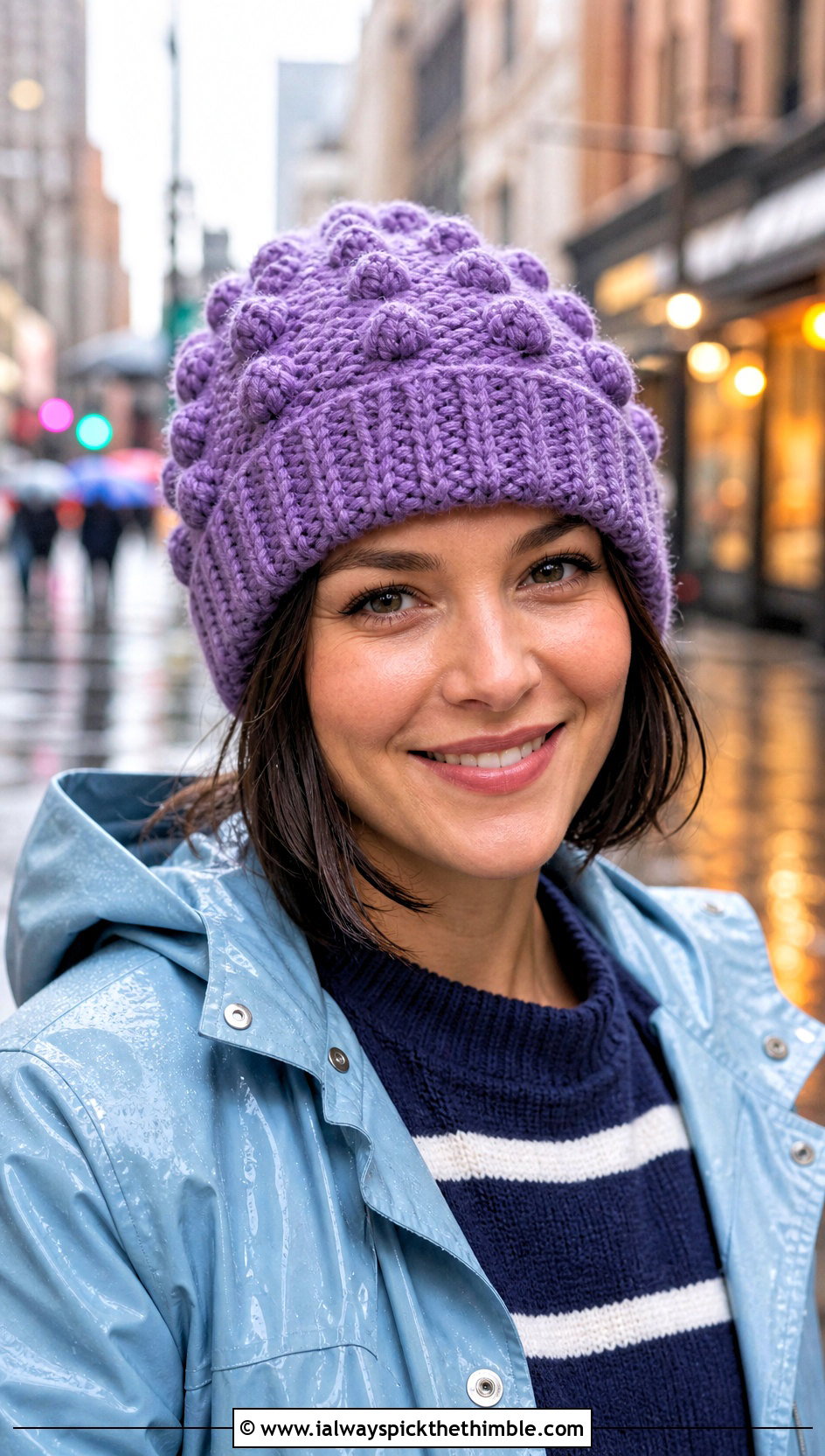 Bobble Stitch Magic Circle Crochet Beanie With Raincoat - 20 Crochet Beanie Magic Circle outfit ideas