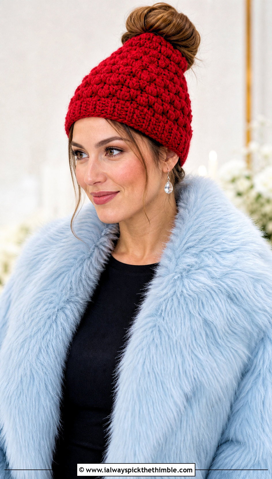 Bobble Stitch Messy Bun Crochet Hat With Pleated Skirt - 20 Messy Bun Crochet Hat outfit ideas