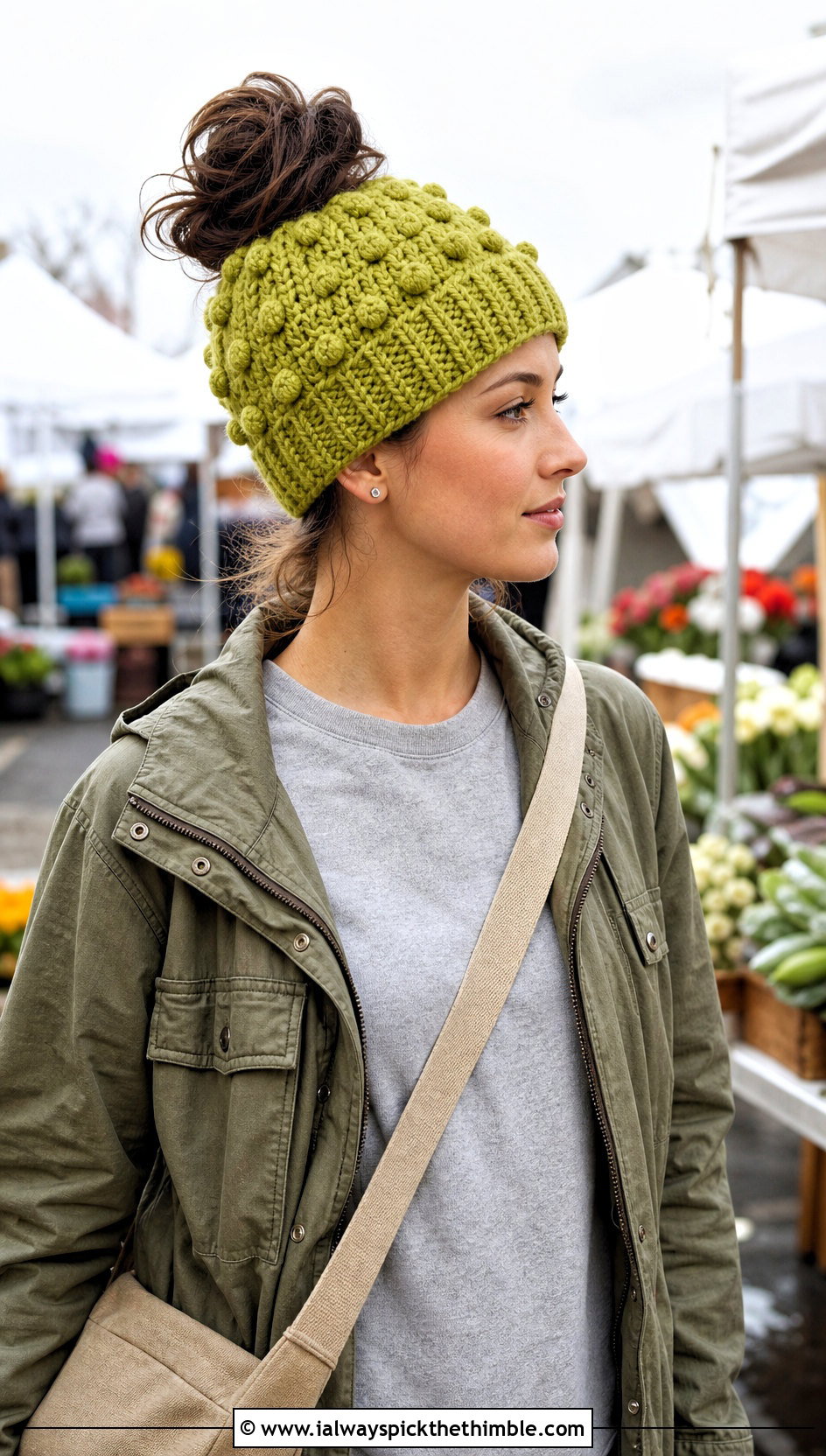 Bobble Stitch Messy Bun Crochet Hat With Utility Jacket - 20 Easy Messy Bun Crochet Hat outfit ideas