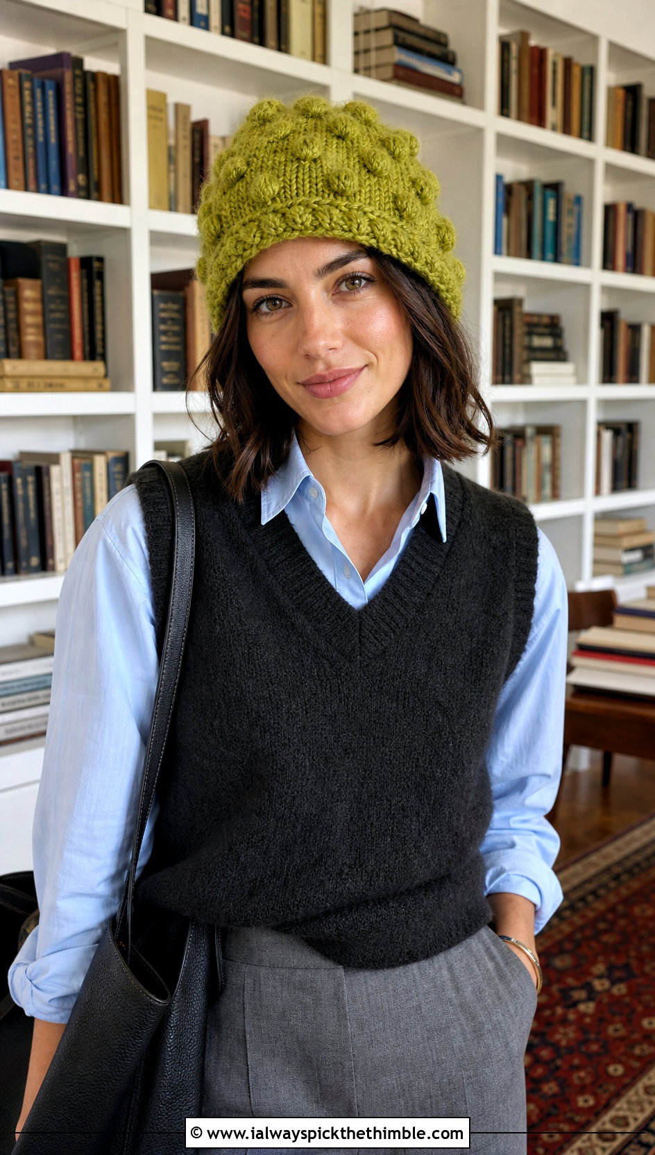 Bobble Stitch Mohair Crochet Beanie With Sweater Vest And Trousers - 25 mohair crochet beanie outfit ideas