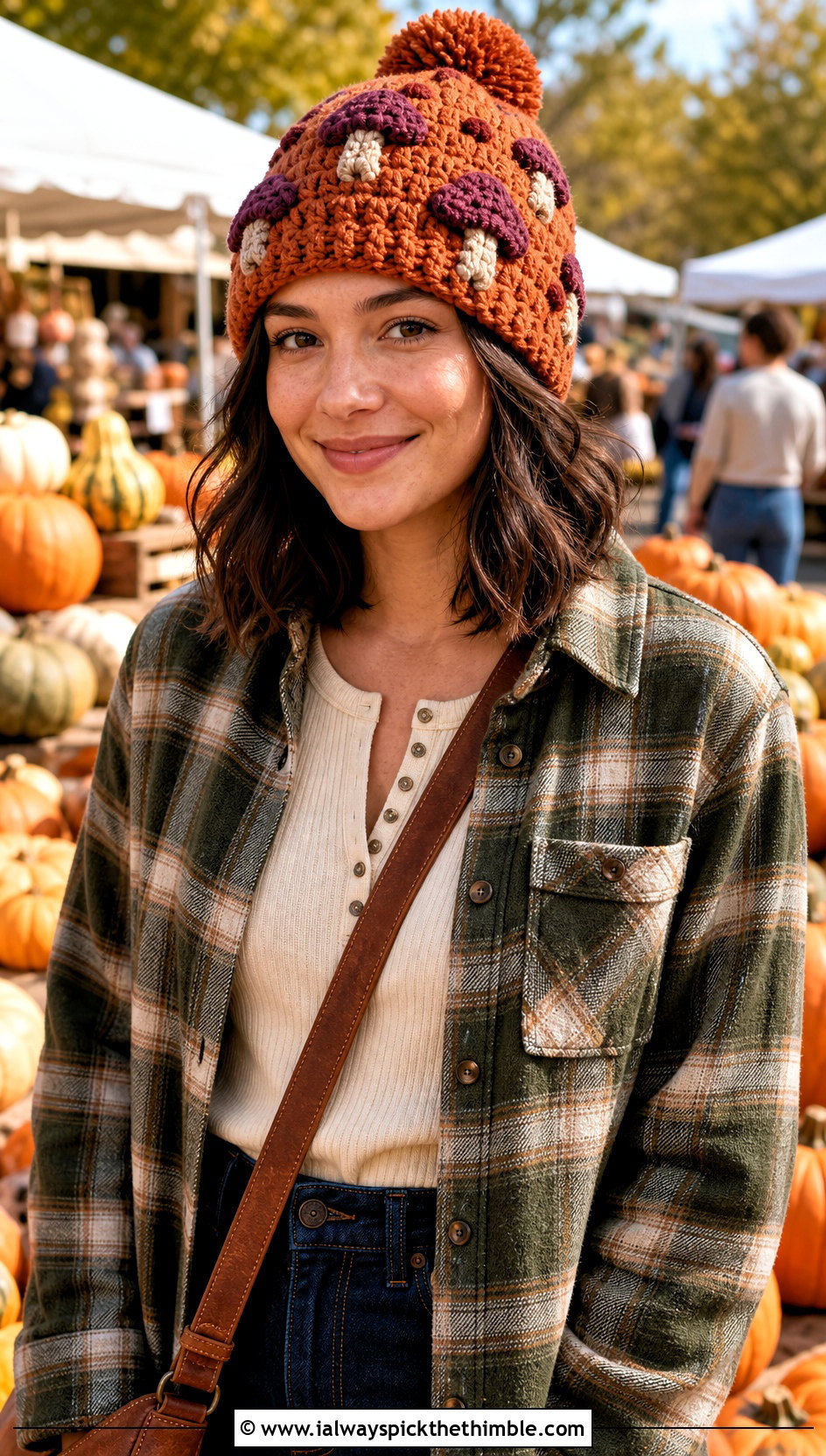 Bobble Stitch Mushroom Beanie With Shacket And Flare Jeans - 20 crochet mushroom beanie outfit ideas