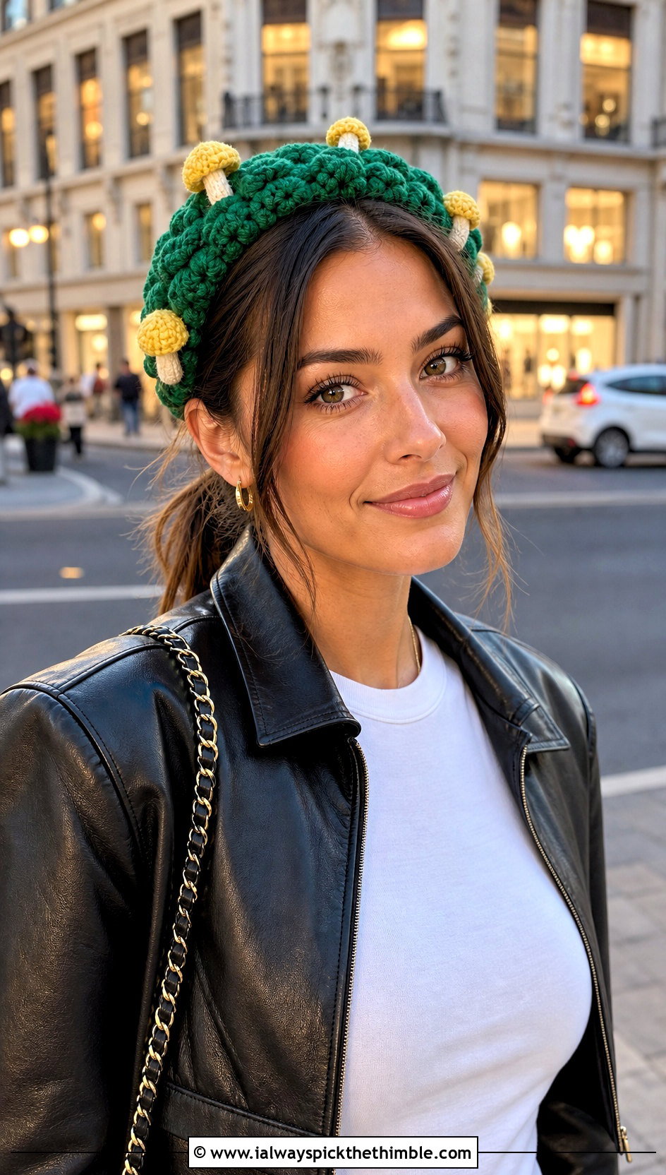 Bobble Stitch Mushroom Headband With Leather Jacket - 20 mushroom crochet headband outfit ideas