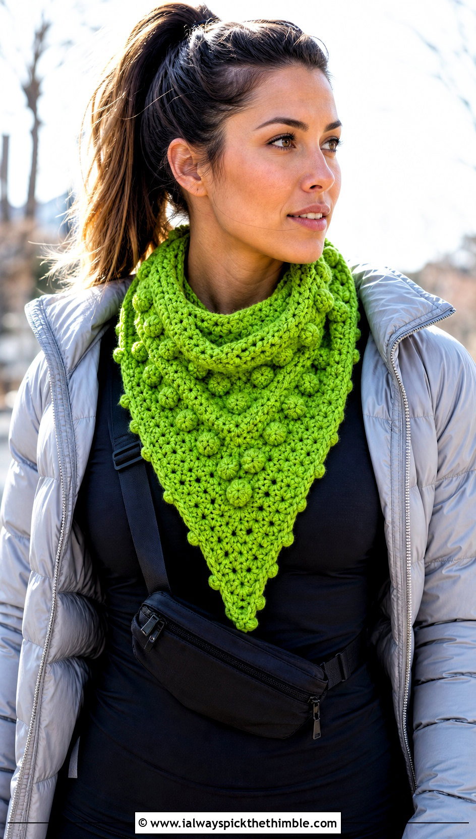 Bobble Stitch One Skein Triangle Crochet Scarf With Puffer Jacket - 15 One Skein Triangle Crochet Scarf outfit ideas