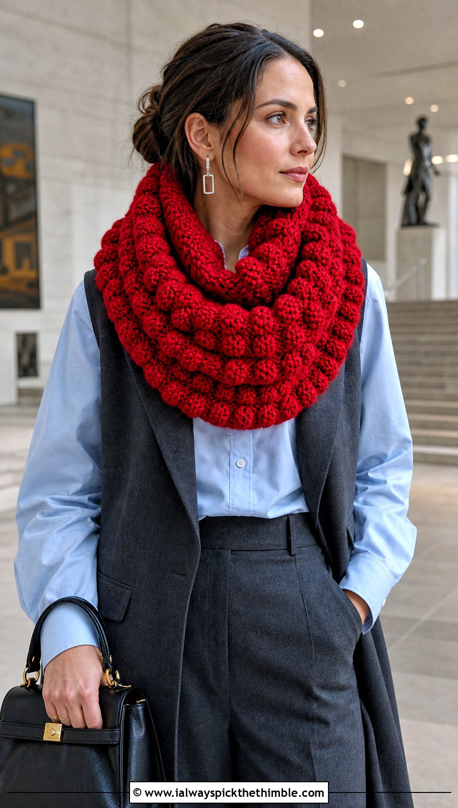 Bobble Stitch Oversized Crochet Infinity Scarf With Tailored Vest - 15 Oversized Crochet Infinity Scarf outfit ideas