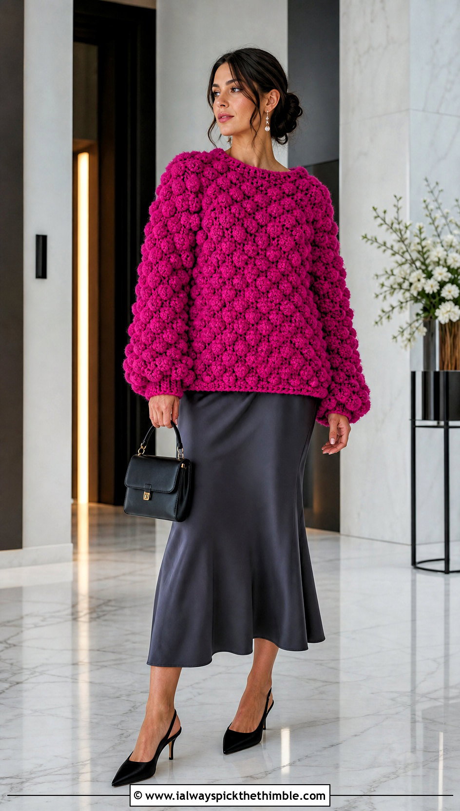 Bobble Stitch Oversized Puffy Crochet Sweater With Satin Midi Skirt - 15 Puffy Crochet Sweater outfit ideas