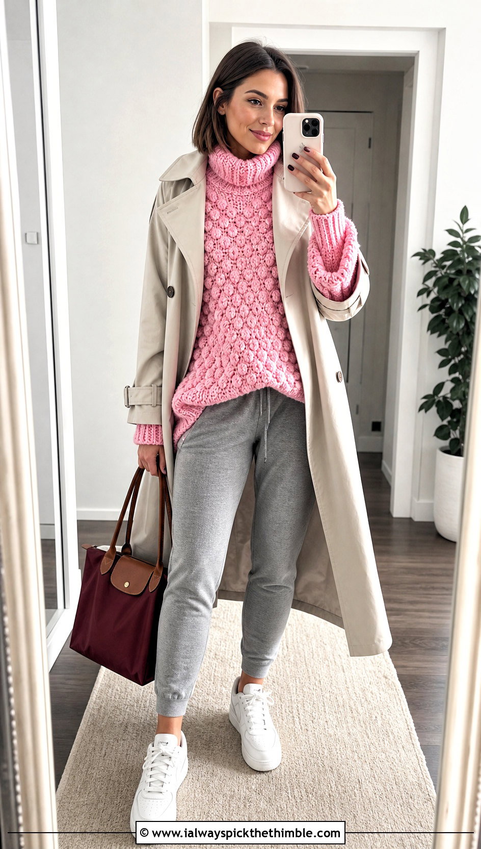 Bobble Stitch Oversized Turtleneck Crochet Sweater With Joggers And Trench Coat - 15 oversized turtleneck crochet sweater outfit ideas
