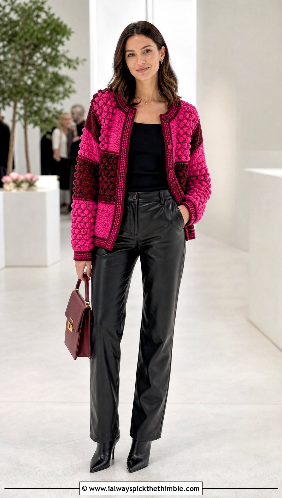 Bobble Stitch Patchwork Cardigan With Leather Pants - 20 crochet patch work cardigan outfit ideas