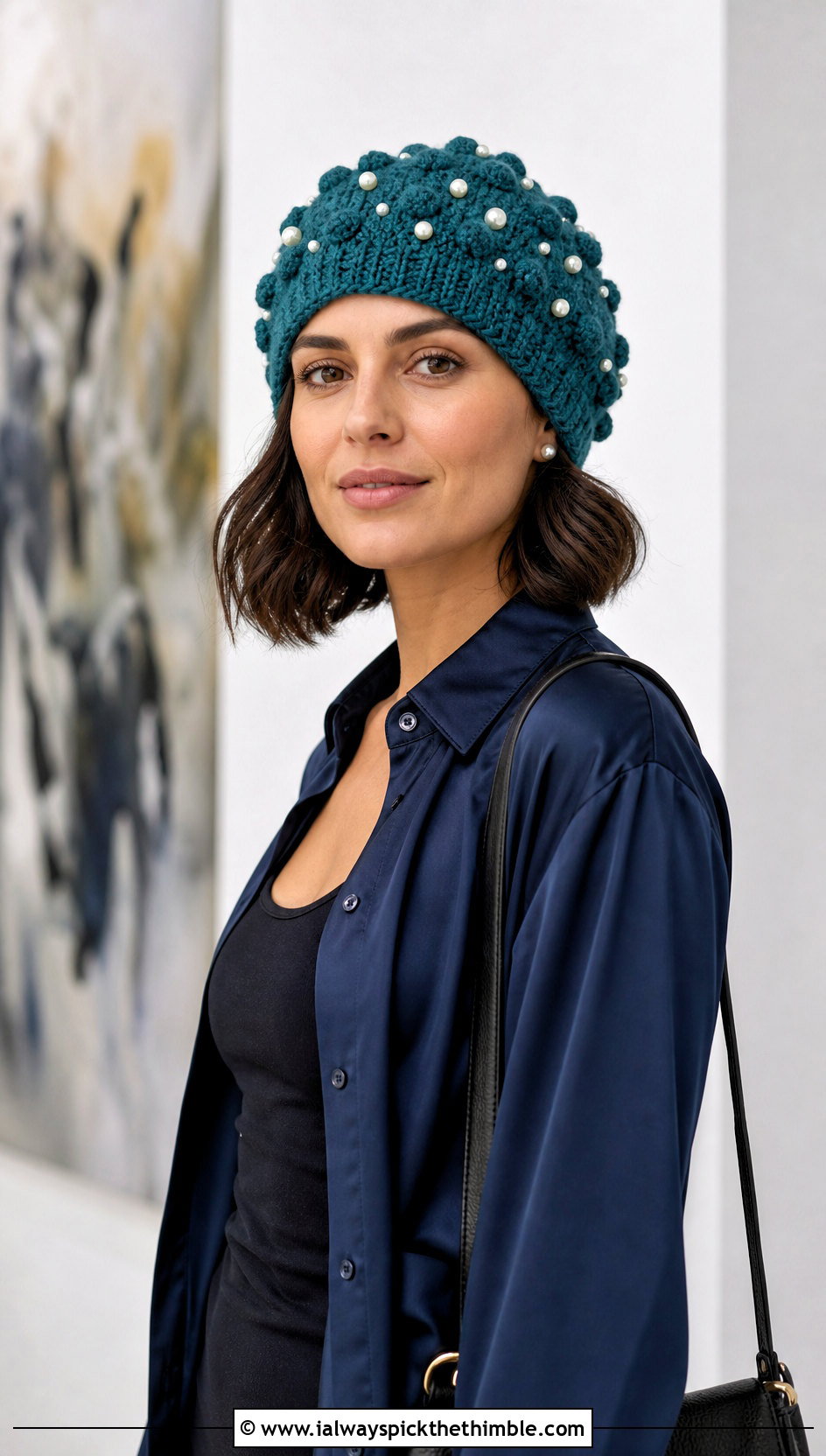 Bobble Stitch Pearl Crochet Beanie With Satin Set - 15 Pearl Crochet Beanie outfit ideas