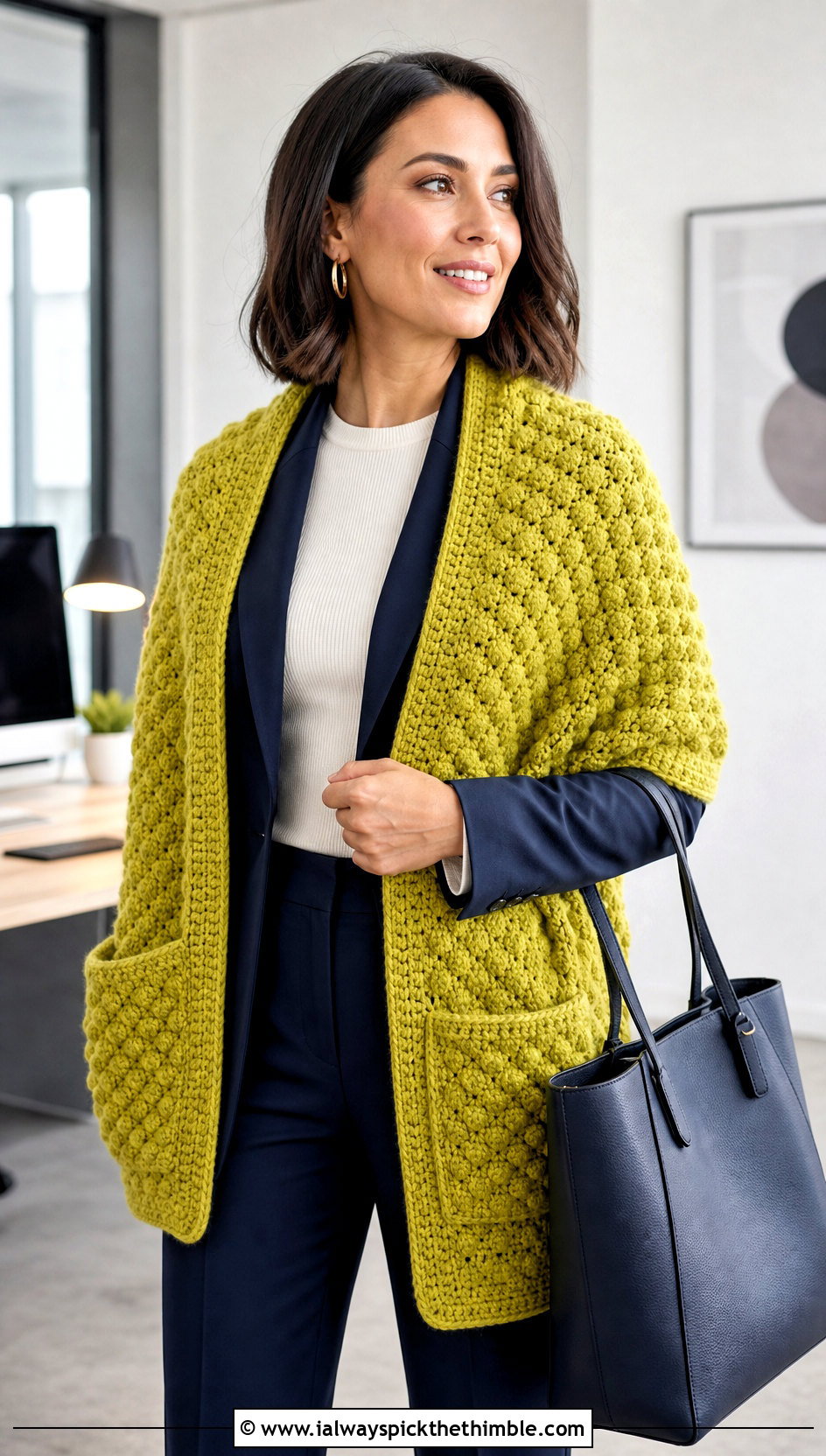 Bobble Stitch Pocket Shawl With Blazer And Trousers - 20 Crochet Pocket Scarf Shawl outfit ideas