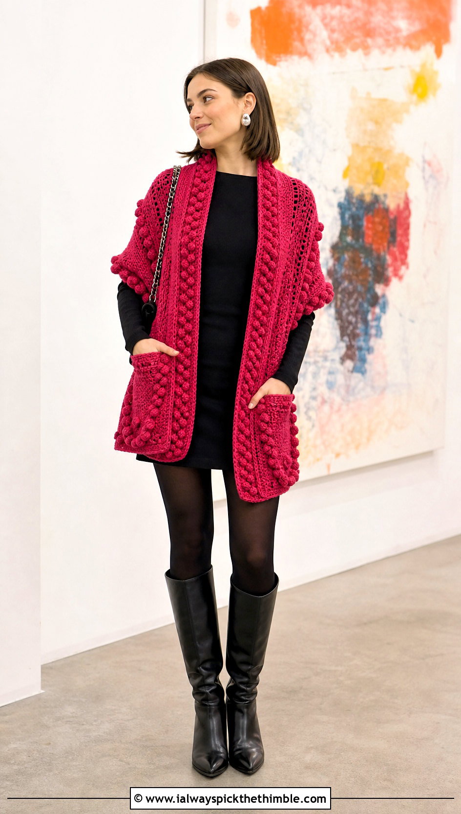 Bobble Stitch Pocket Shawl With Mini Dress - 20 Easy Crochet Shawl With Pockets outfit ideas