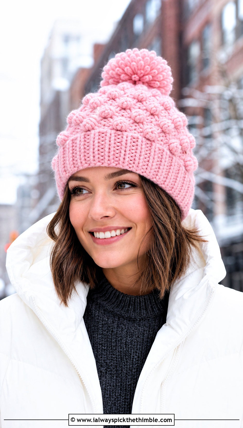 Bobble Stitch Pom Pom Hat With Puffer Jacket And Leggings - 20 crochet stitch hat outfit ideas