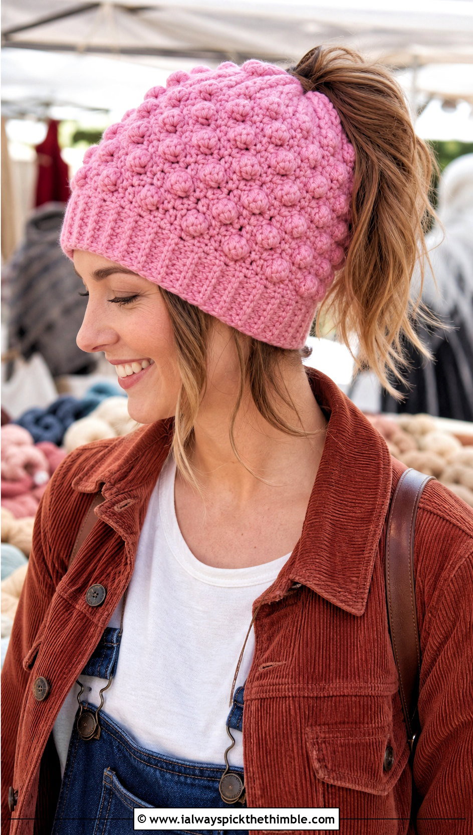 Bobble Stitch Ponytail Crochet Beanie With Corduroy Jacket - 20 crochet beanie with ponytail hole outfit ideas