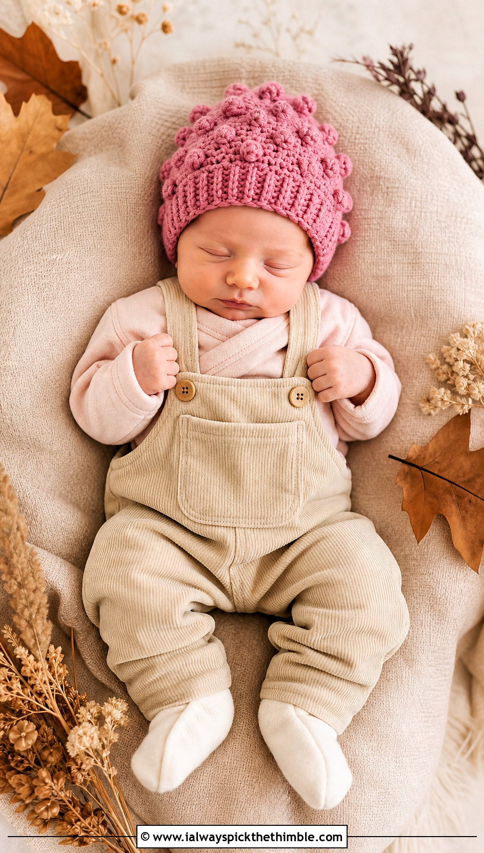 Bobble Stitch Preemie Crochet Hat With Corduroy Overalls - 20 premie crochet hat outfit ideas