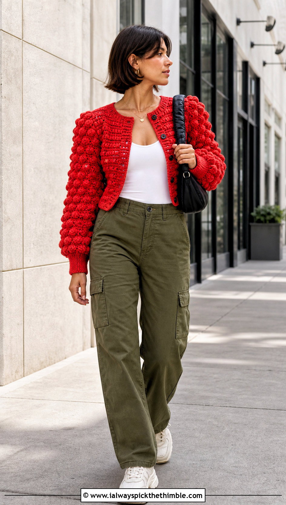 Bobble Stitch Puff Sleeve Crochet Cardigan With Cargo Pants - 20 Puff Sleeve Crochet Cardigan outfit ideas