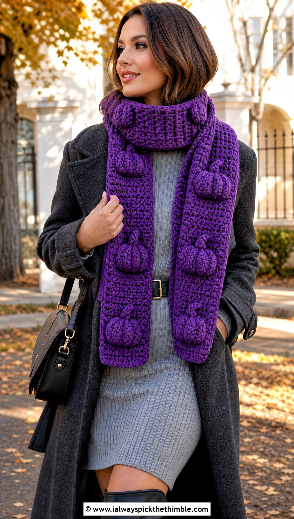 Bobble Stitch Pumpkin Crochet Scarf With Sweater Dress - 15 crochet pumpkin scarf outfit ideas