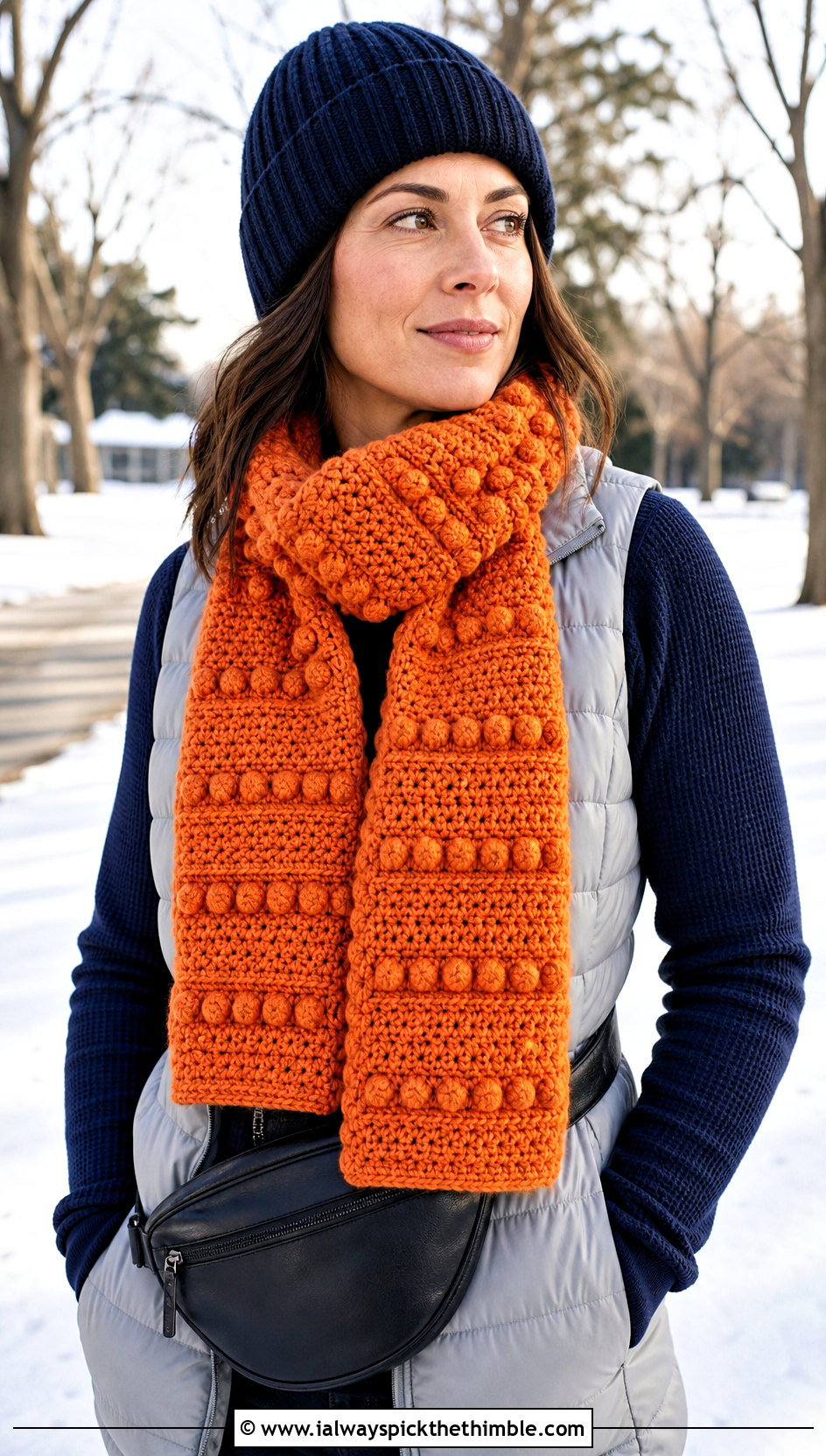 Bobble Stitch Sampler Scarf With Puffer Vest - 20 Crochet Stitch Sampler Scarf outfit ideas
