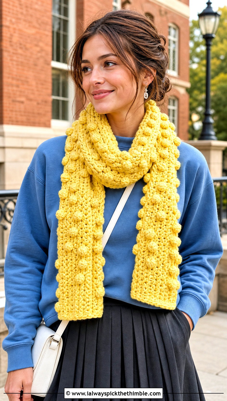 Bobble Stitch Scarf With Sweatshirt And Skirt - 25 crochet scarf ideas