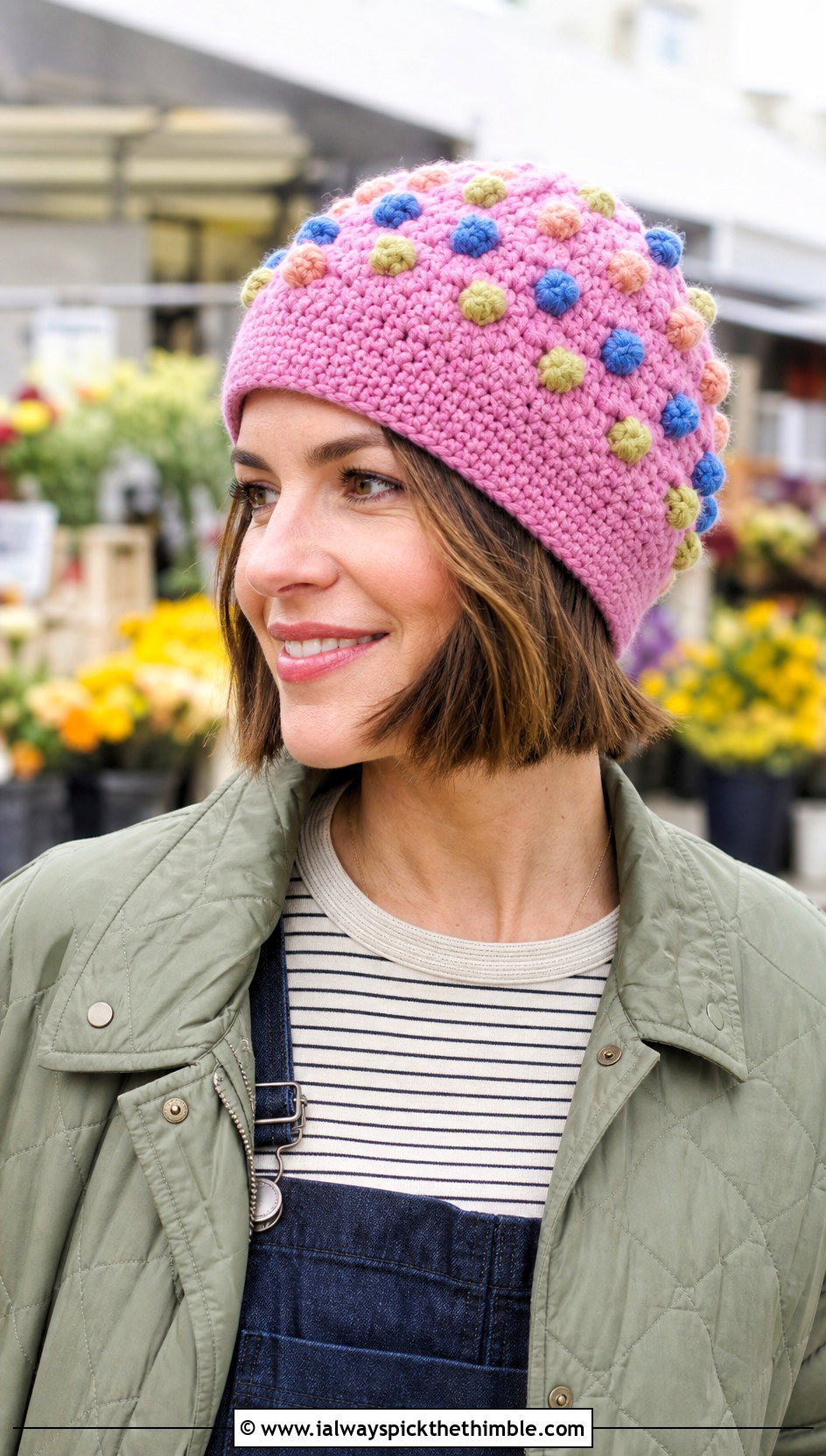 Bobble Stitch Scrap Crochet Beanie With Quilted Jacket And Overalls - 25 crochet scrap beanie outfit ideas
