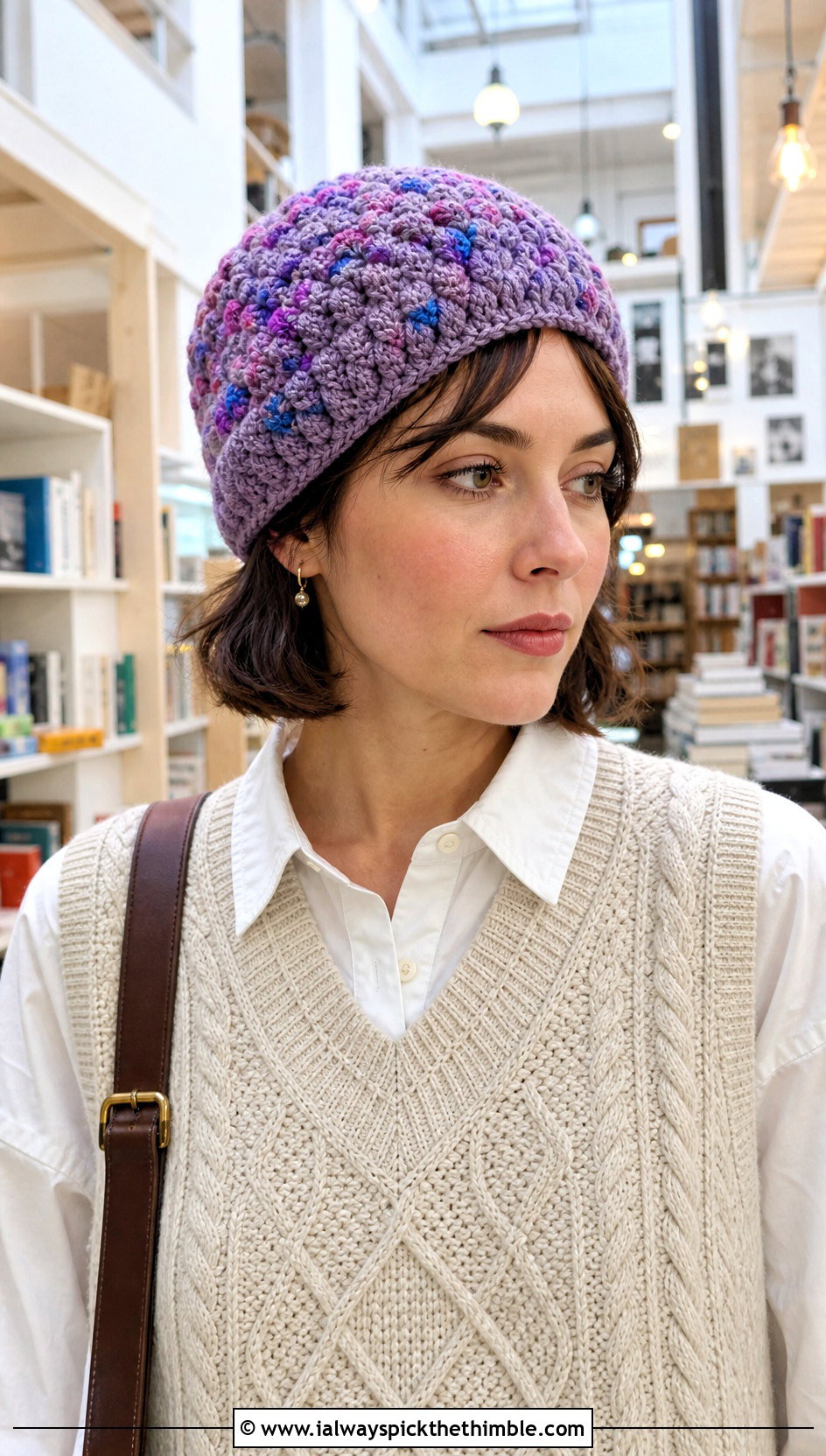 Bobble Stitch Scrap Yarn Crochet Beanie With Cable Knit Vest - 20 scrap yarn crochet beanie outfit ideas