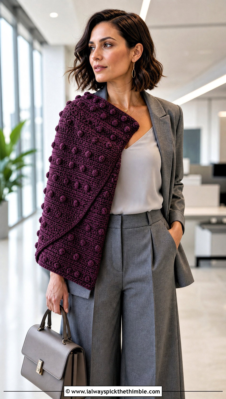 Bobble Stitch Sideways Crochet Shawl With Monochrome Suit - 20 Sideways Crochet Shawl outfit ideas