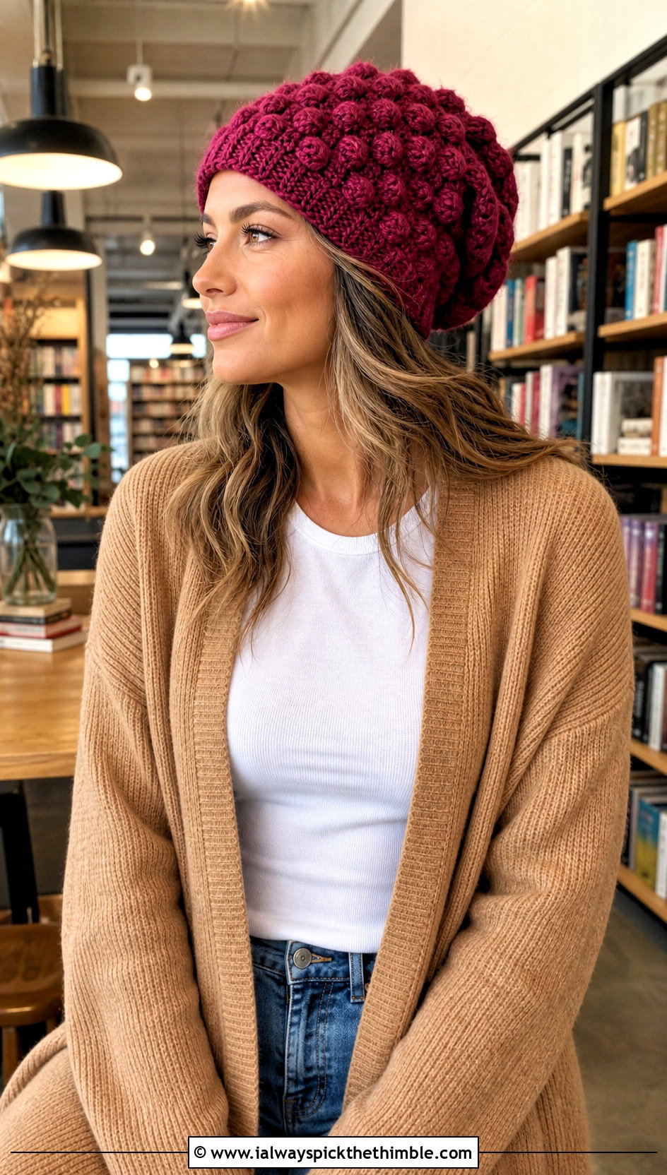 Bobble Stitch Slouch Crochet Beanie With Cardigan - 20 slouch crochet beanie outfit ideas