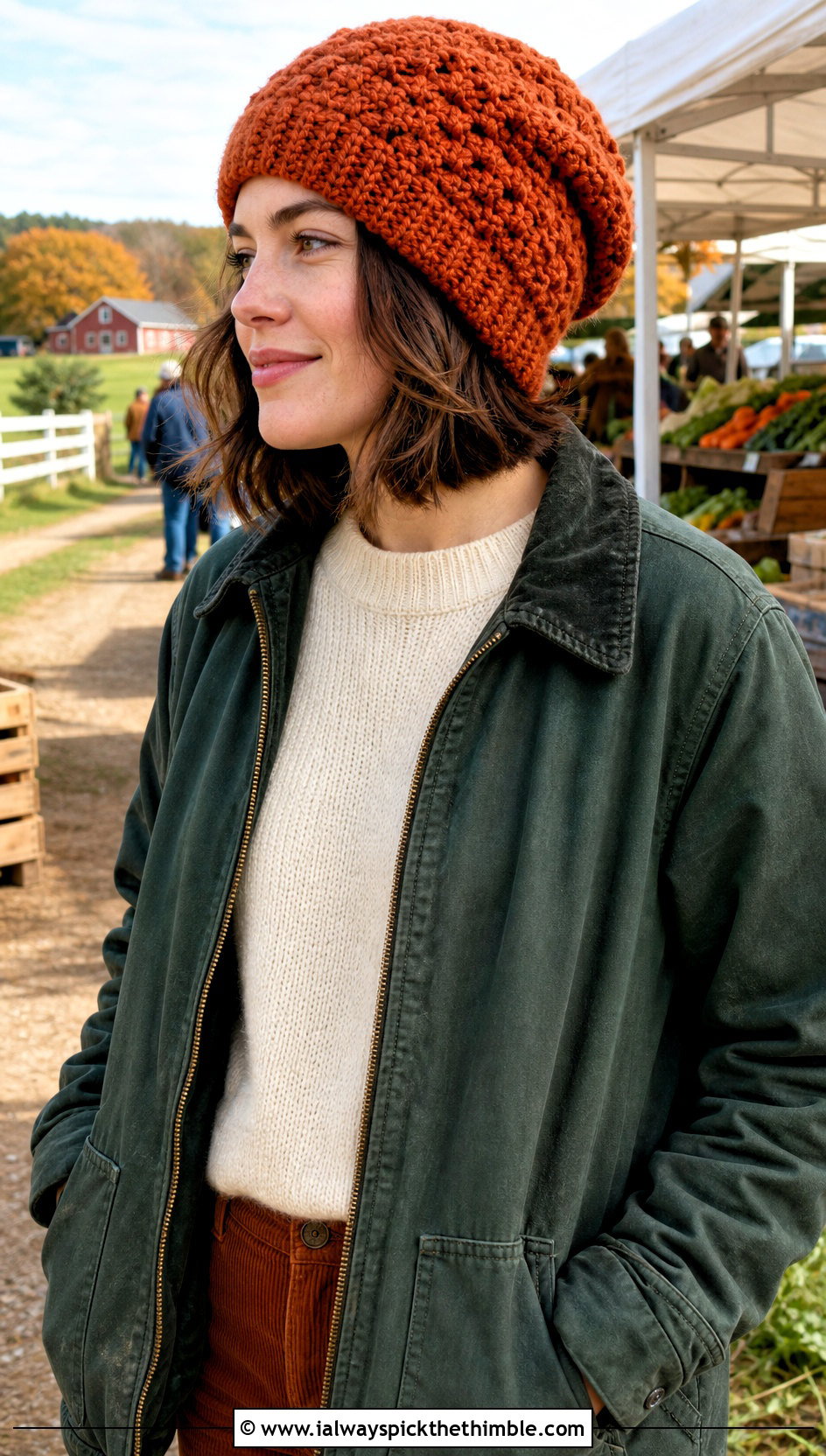 Bobble Stitch Slouch Crochet Hat With Barn Jacket And Corduroy Pants - 20 slouch crochet hat outfit ideas