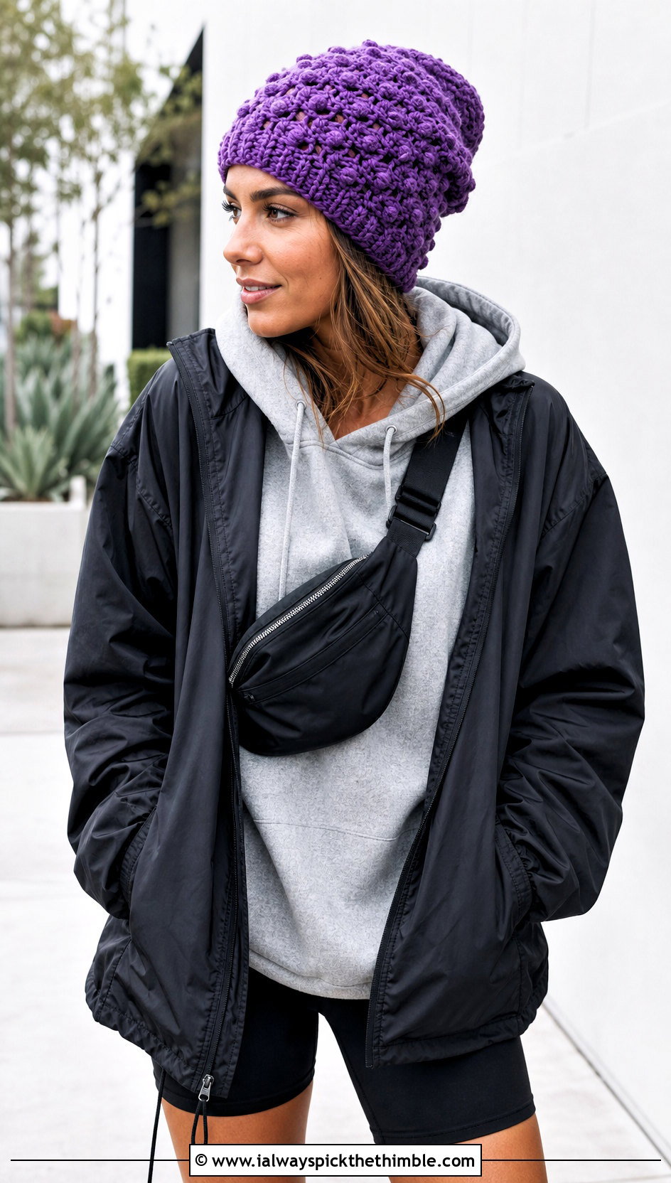 Bobble Stitch Slouchy Crochet Beanie With Hoodie And Biker Shorts - 20 Easy Slouchy Crochet Beanie outfit ideas