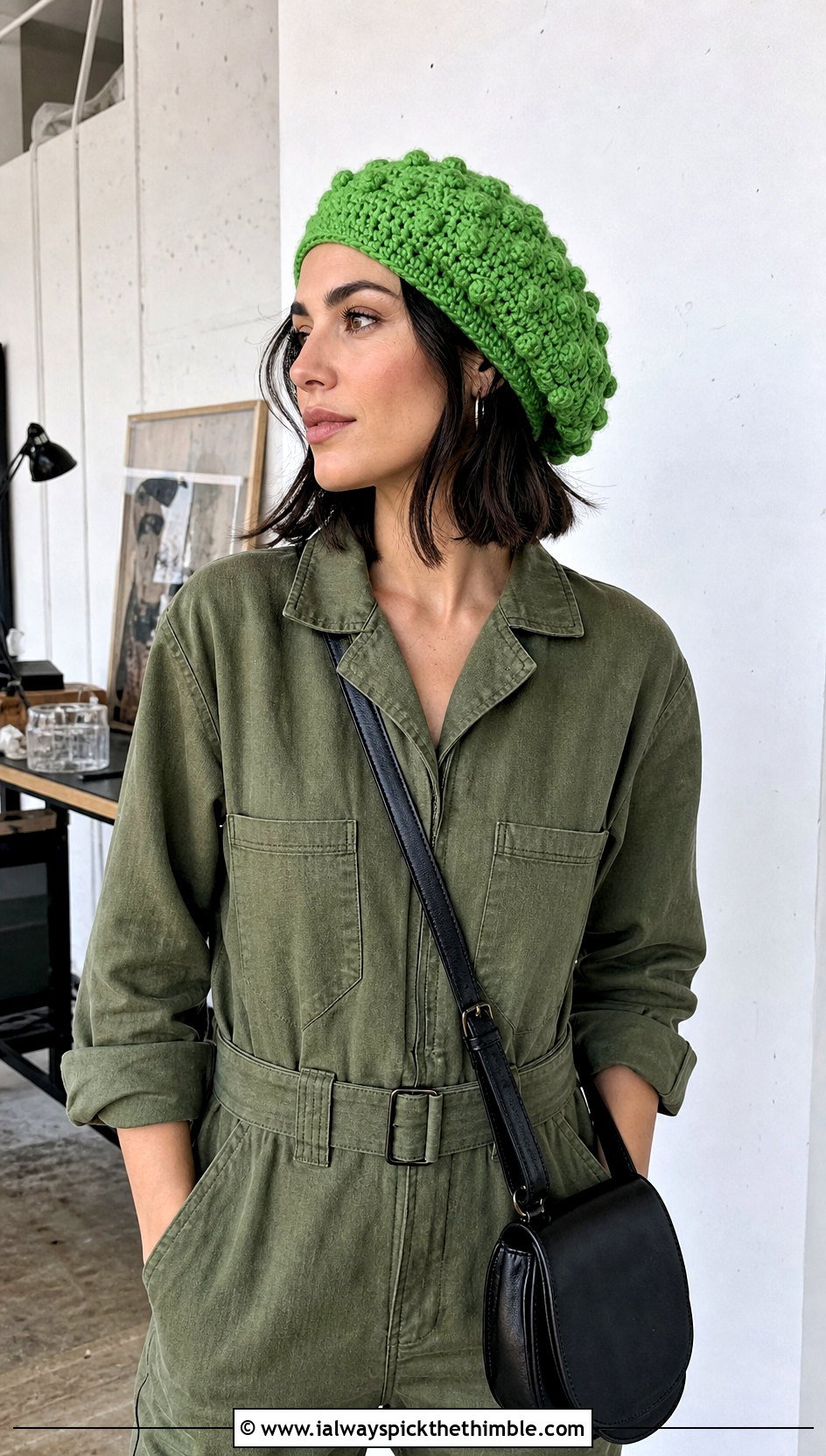 Bobble Stitch Slouchy Crochet Beret With Utility Jumpsuit - 20 Slouchy Crochet Beret outfit ideas