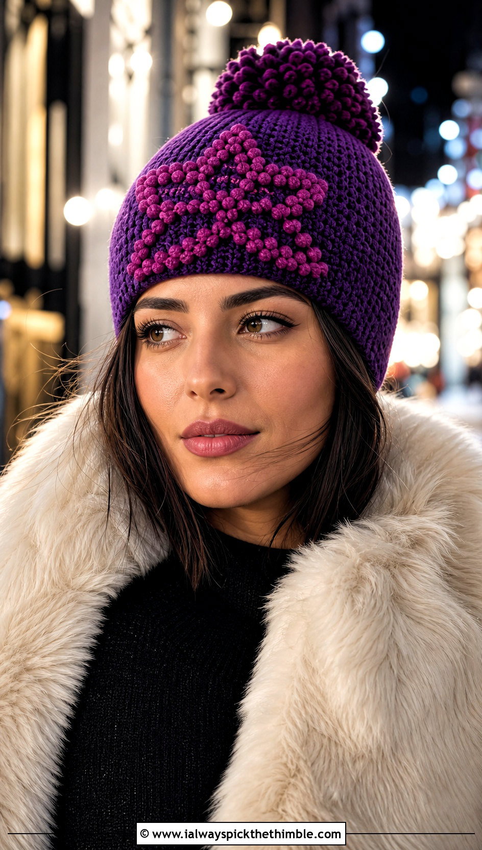 Bobble Stitch Star Beanie With Faux Fur Coat - 25 crochet star beanie outfit ideas