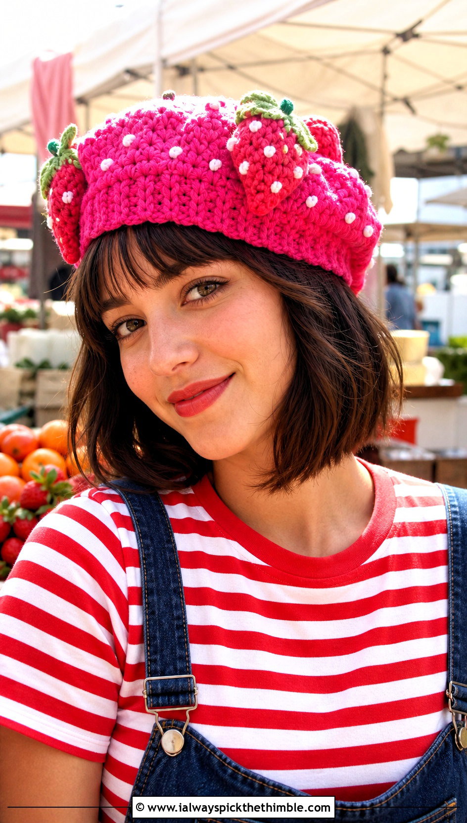 Bobble Stitch Strawberry Crochet Beret With Overalls - 20 strawberry crochet beret outfit ideas