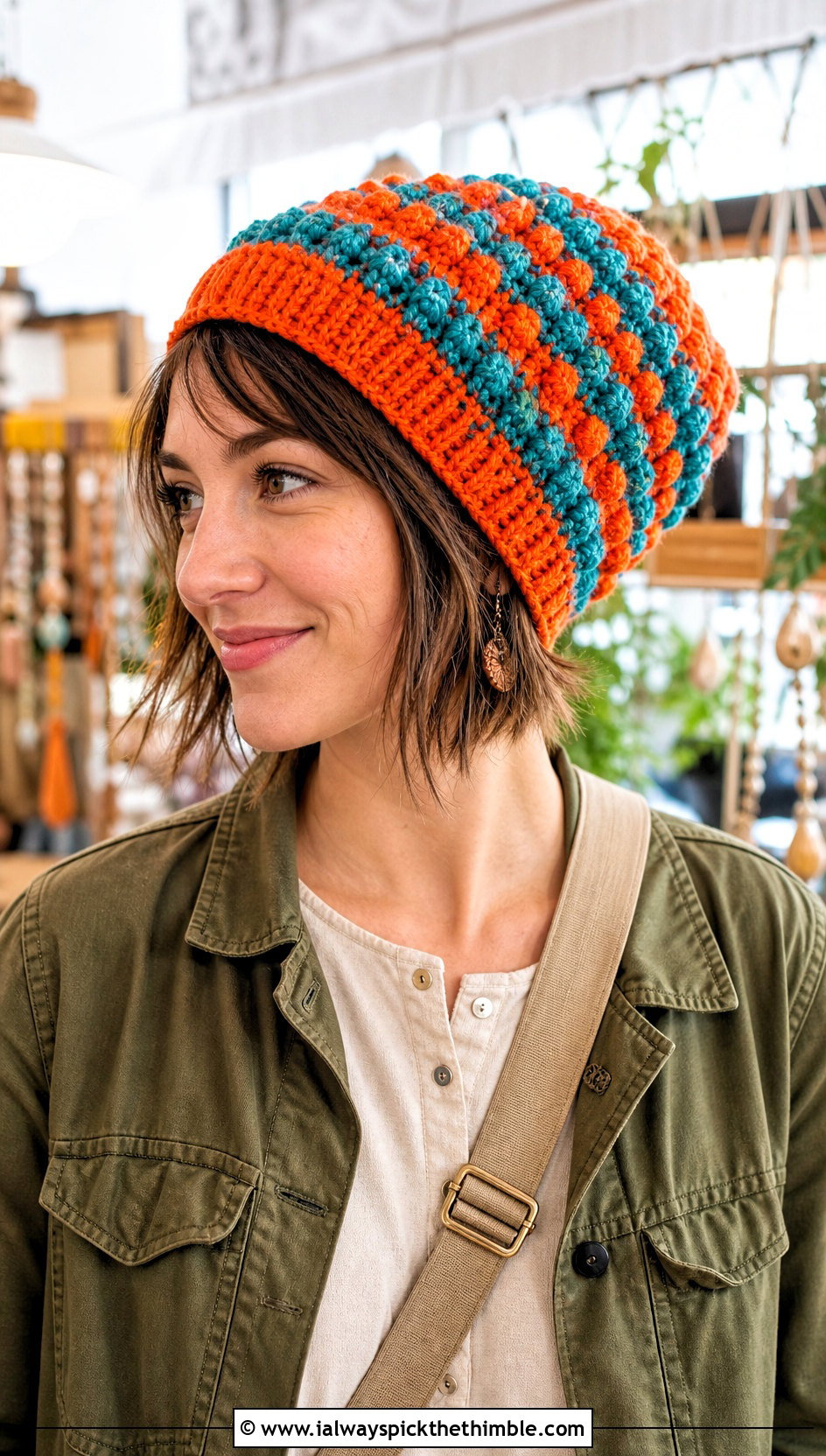 Bobble Stitch Stripe Slouchy Crochet Beanie With Chore Jacket - 15 Striped Slouchy Crochet Beanie outfit ideas