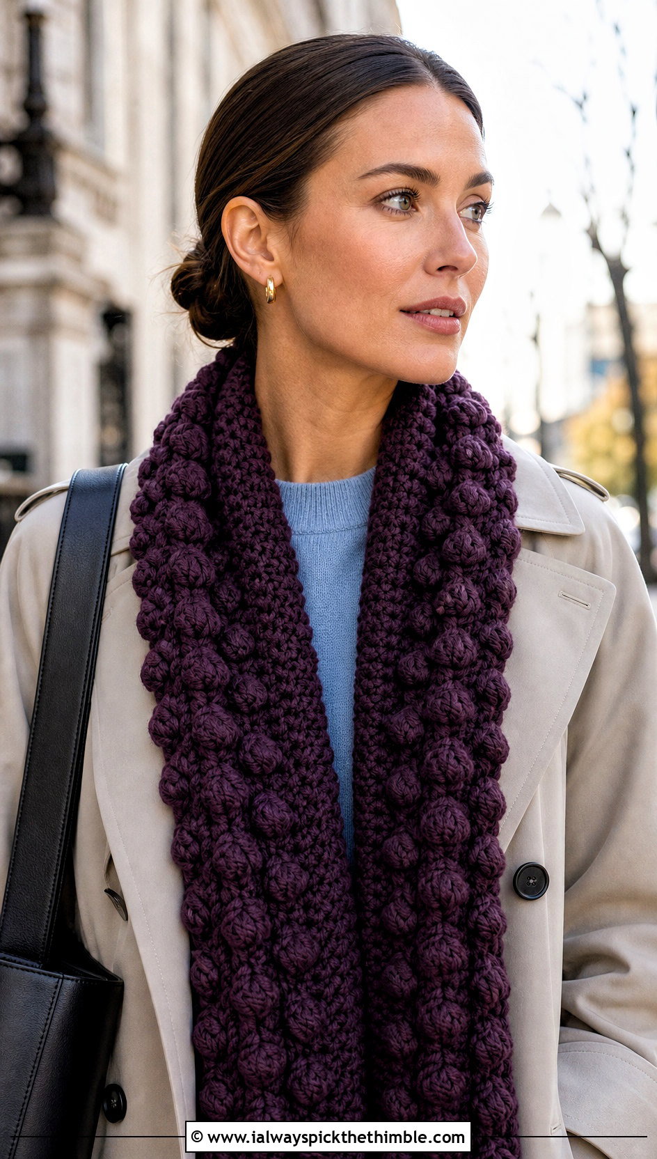 Bobble Stitch Thick Crochet Scarf With Trench Coat - 15 Thick Crochet Scarf outfit ideas