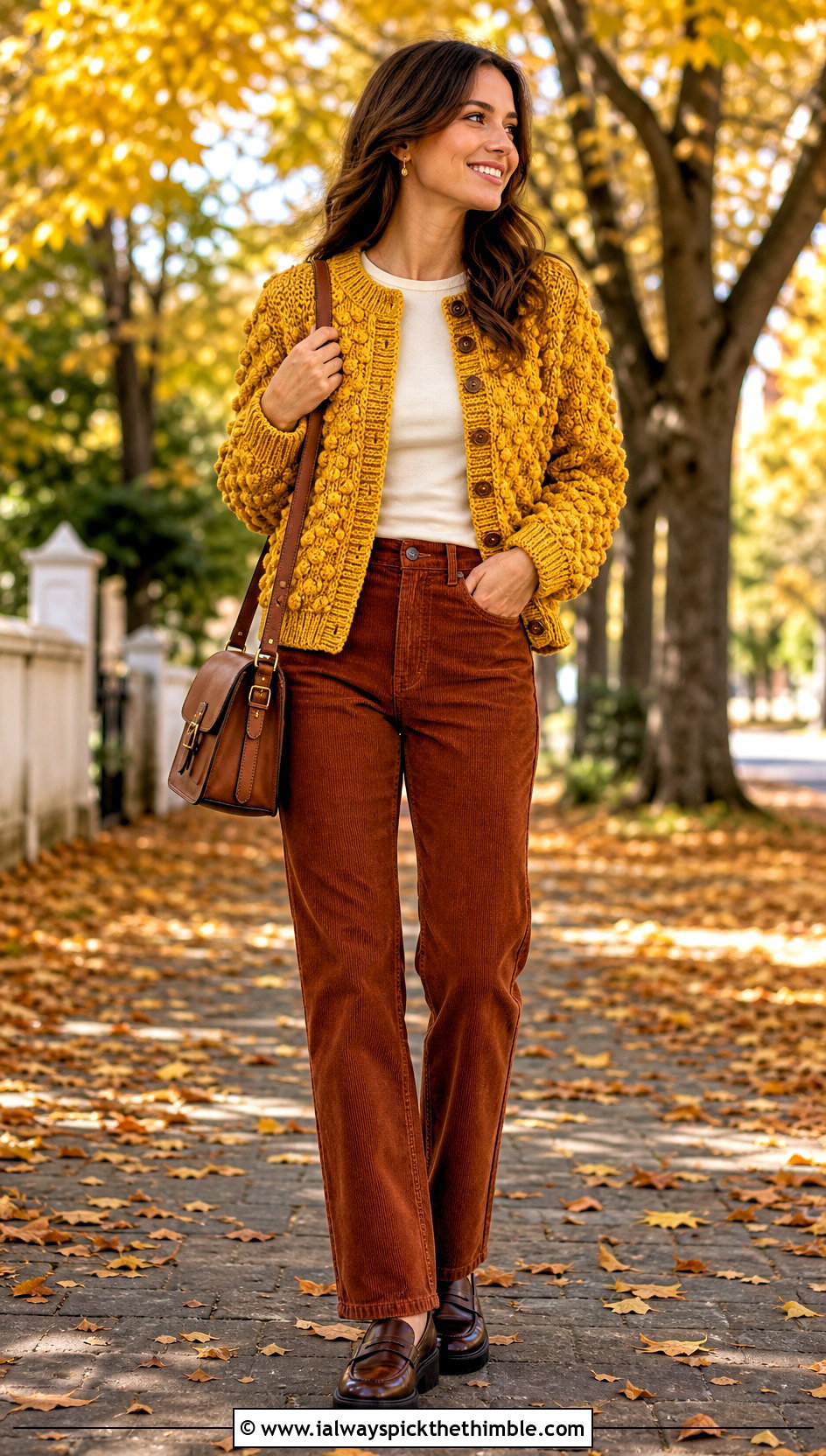 Bobble Stitch Top Down Crochet Raglan Cardigan With Corduroy Pants - 20 top down crochet raglan cardigan outfit ideas