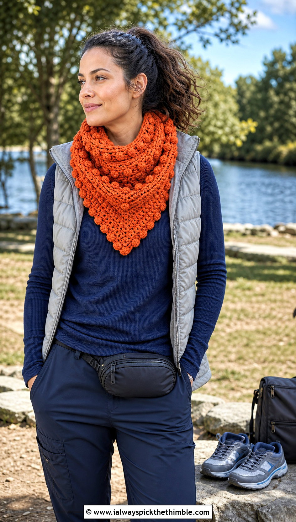 Bobble Stitch Triangle Cowl With Puffer Vest - 20 crochet triangle cowl outfit ideas