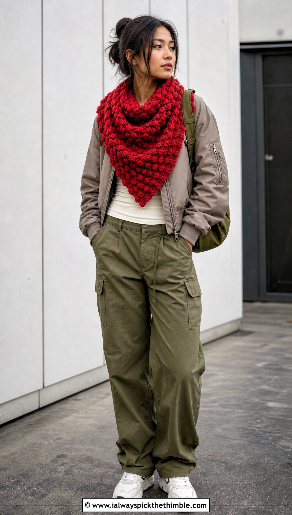 Bobble Stitch Triangle Crochet Shawl With Cargo Pants - 25 triangle crochet shawl outfit ideas
