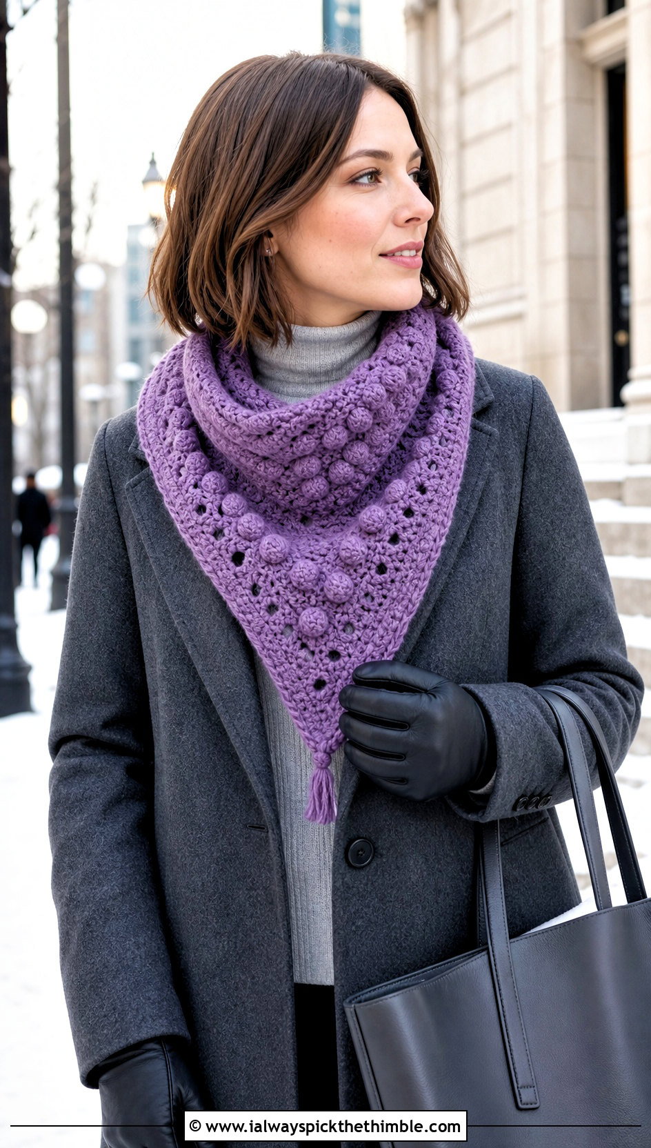 Bobble Stitch Triangle Crochet Shawl With Wool Coat - 20 triangle crochet shawls outfit ideas