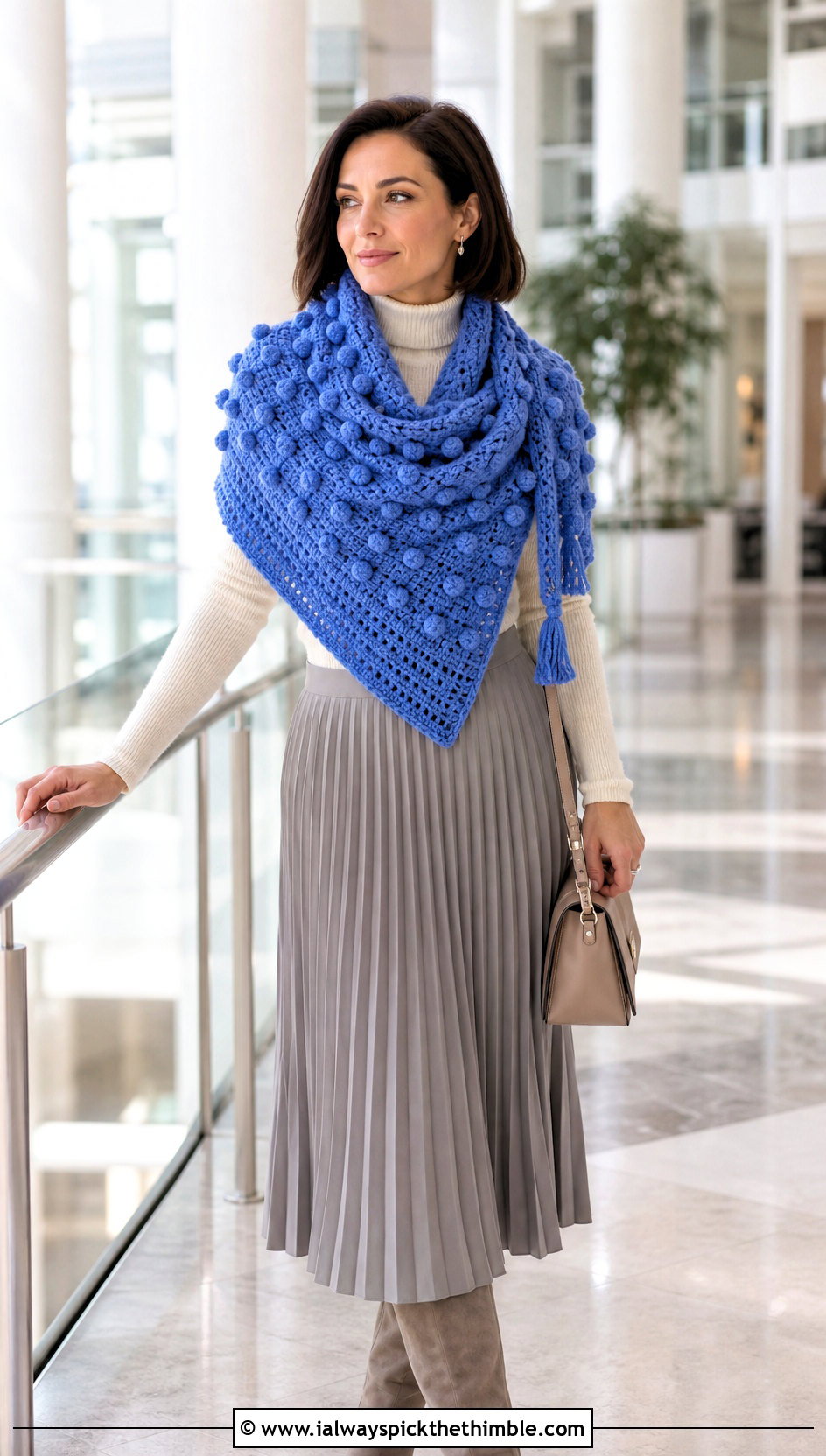 Bobble Stitch Triangle Shawl With Turtleneck And Pleated Skirt - 20 easy crochet triangle shawl outfit ideas