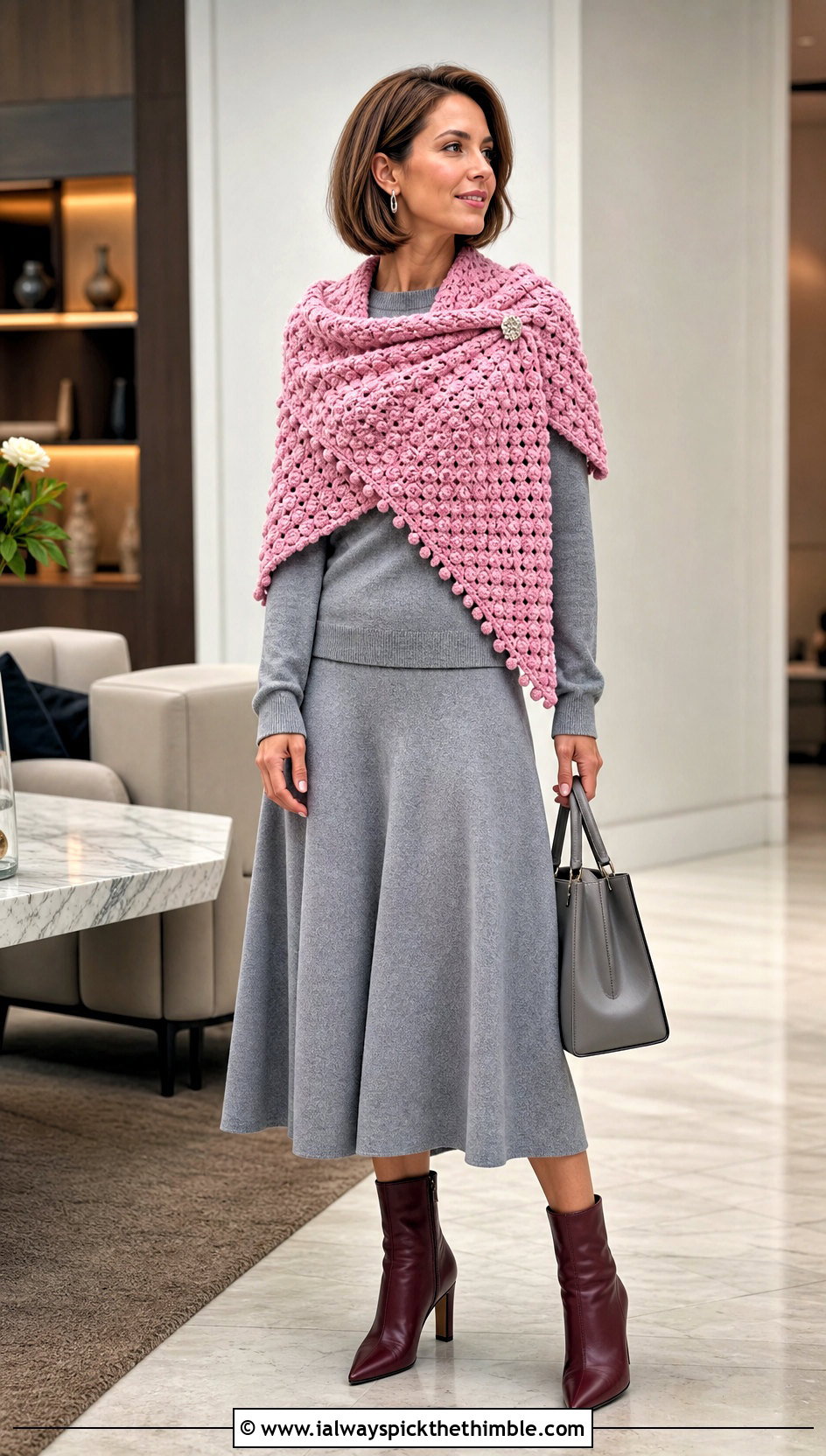Bobble Stitch Triangular Crochet Shawl With Knit Set - 20 triangular crochet shawl outfit ideas