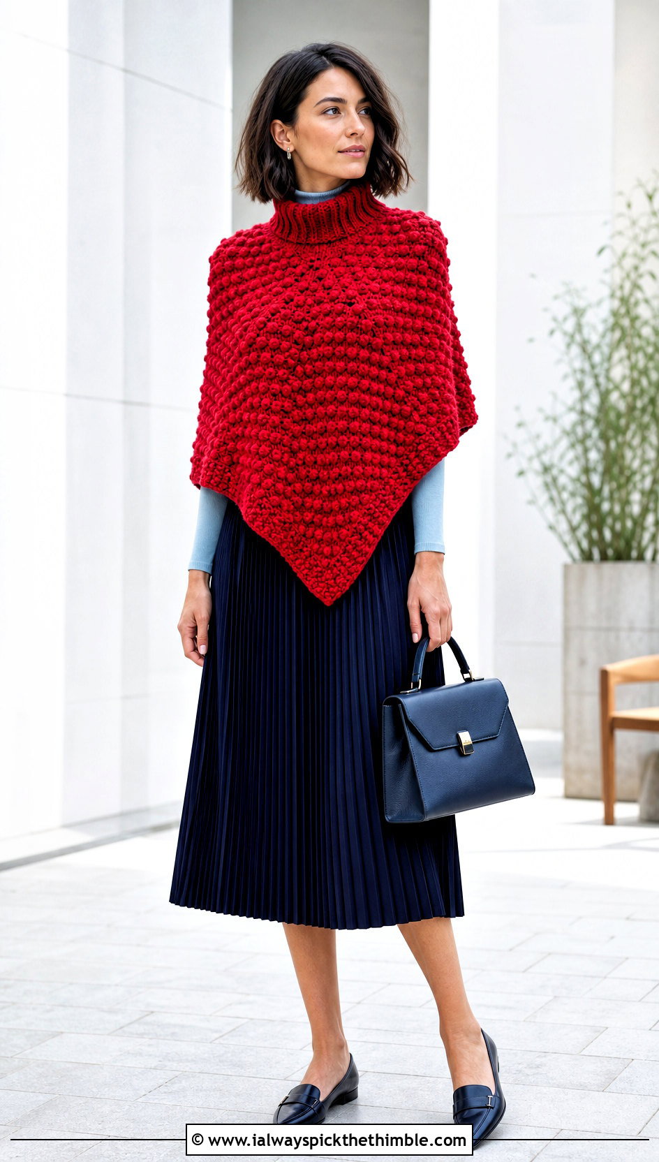 Bobble Stitch Turtle Neck Crochet Poncho With Pleated Midi Skirt - 20 Turtle Neck Crochet Poncho outfit ideas
