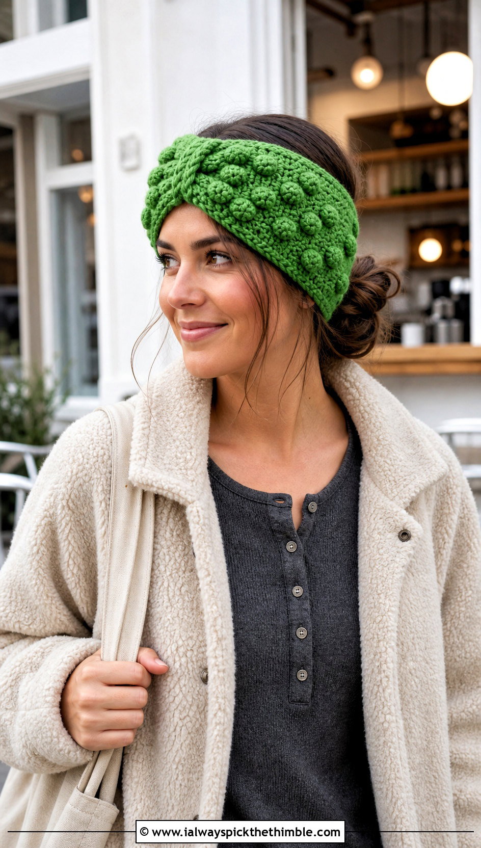 Bobble Stitch Twist Crochet Ear Warmer With Sherpa Jacket - 20 twist crochet ear warmer outfit ideas