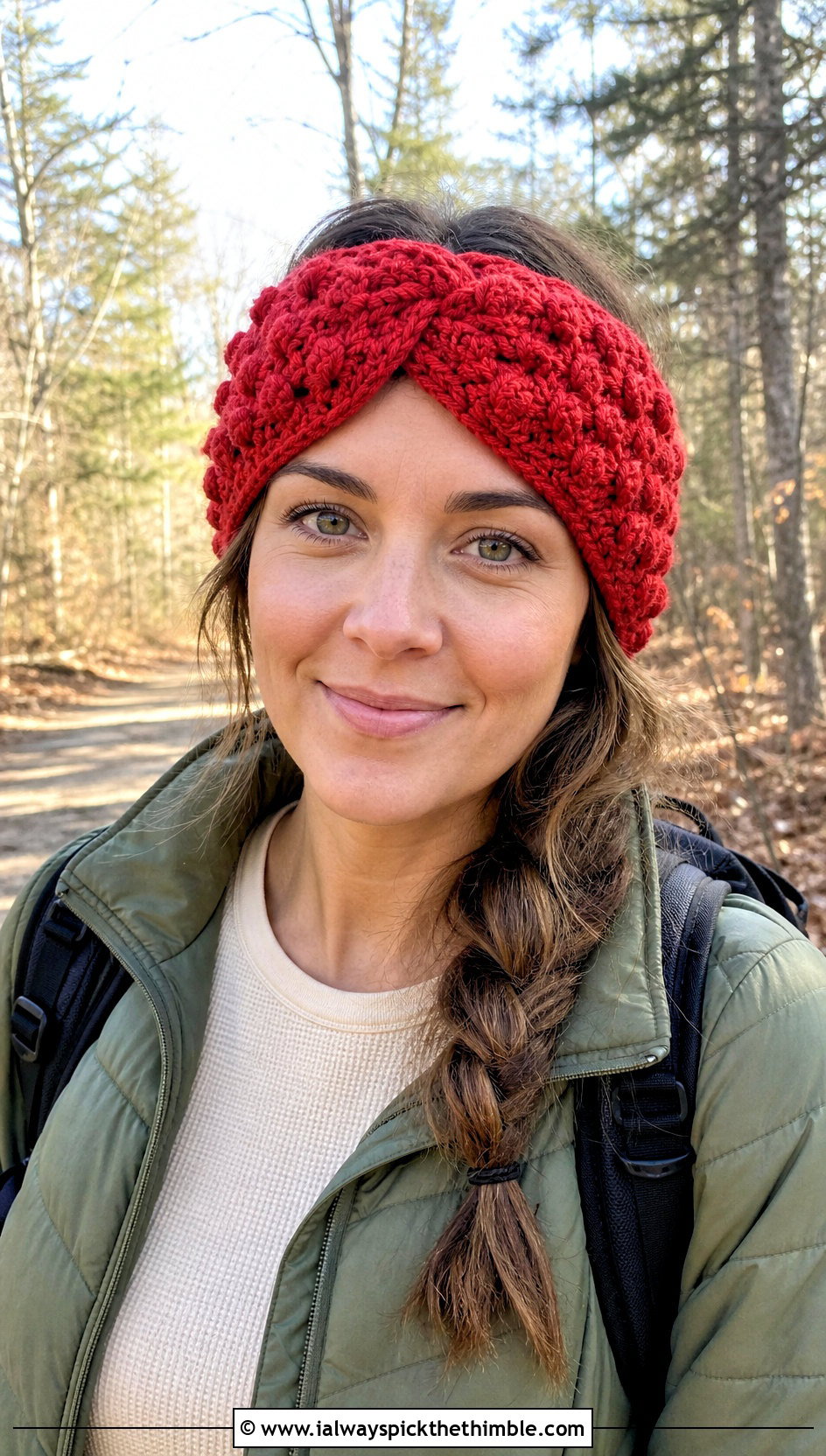 Bobble Stitch Twist Ear Warmer With Quilted Jacket - 20 Crochet Twist Ear Warmer outfit ideas