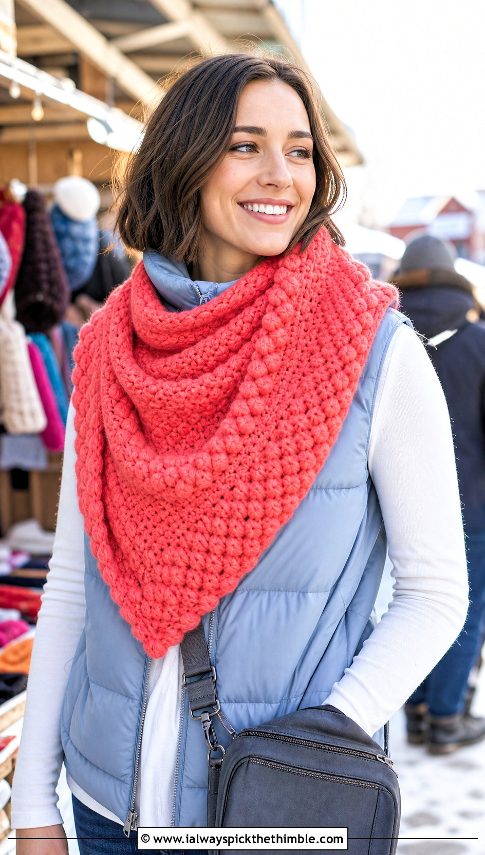 Bobble Stitch V Shaped Crochet Shawl With Puffer Vest - 15 V Shaped Crochet Shawl outfit ideas