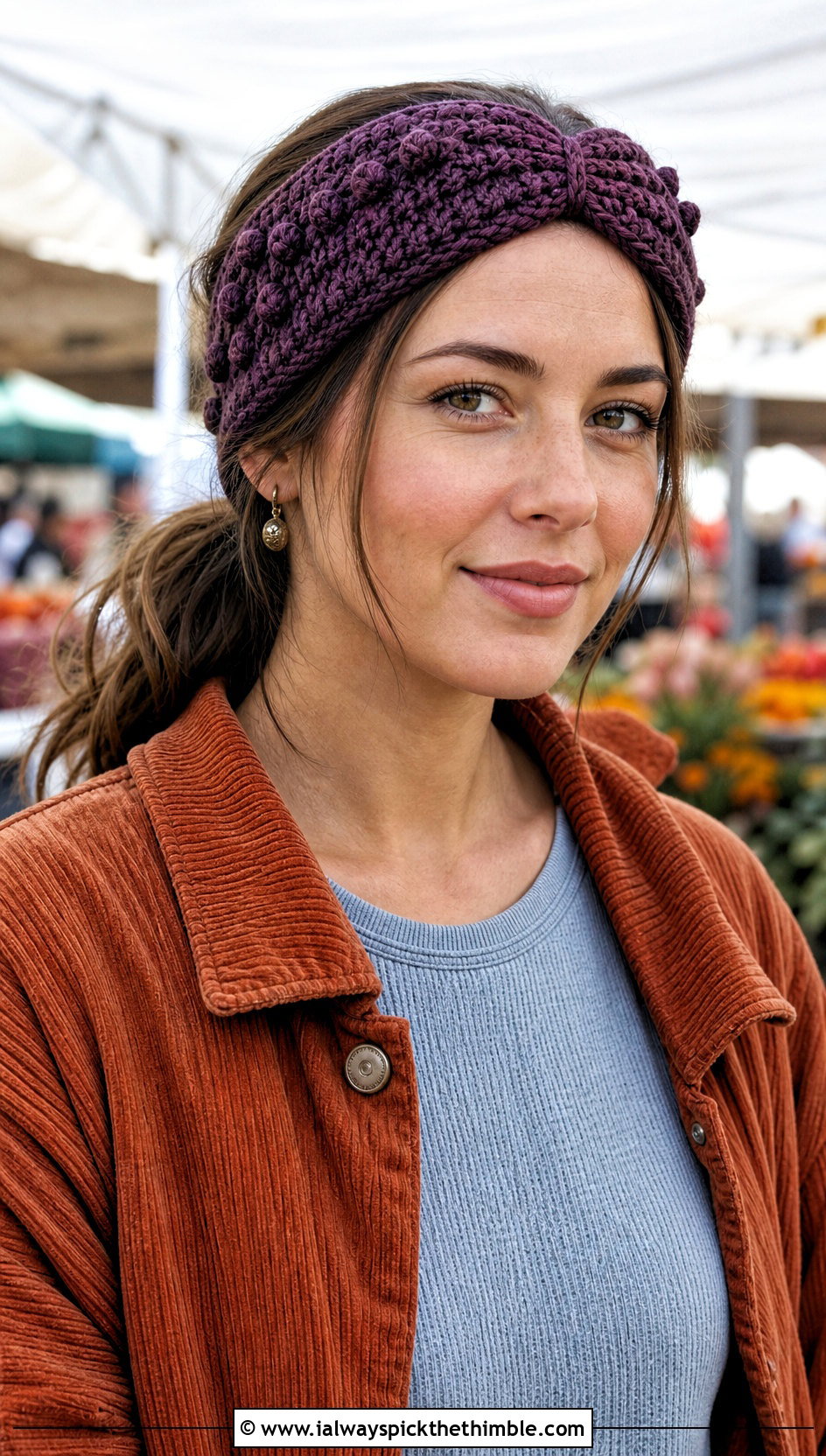 Bobble Stitch Wide Cinch Crochet Headband With Corduroy Jacket - 15 wide cinch crochet headband outfit ideas