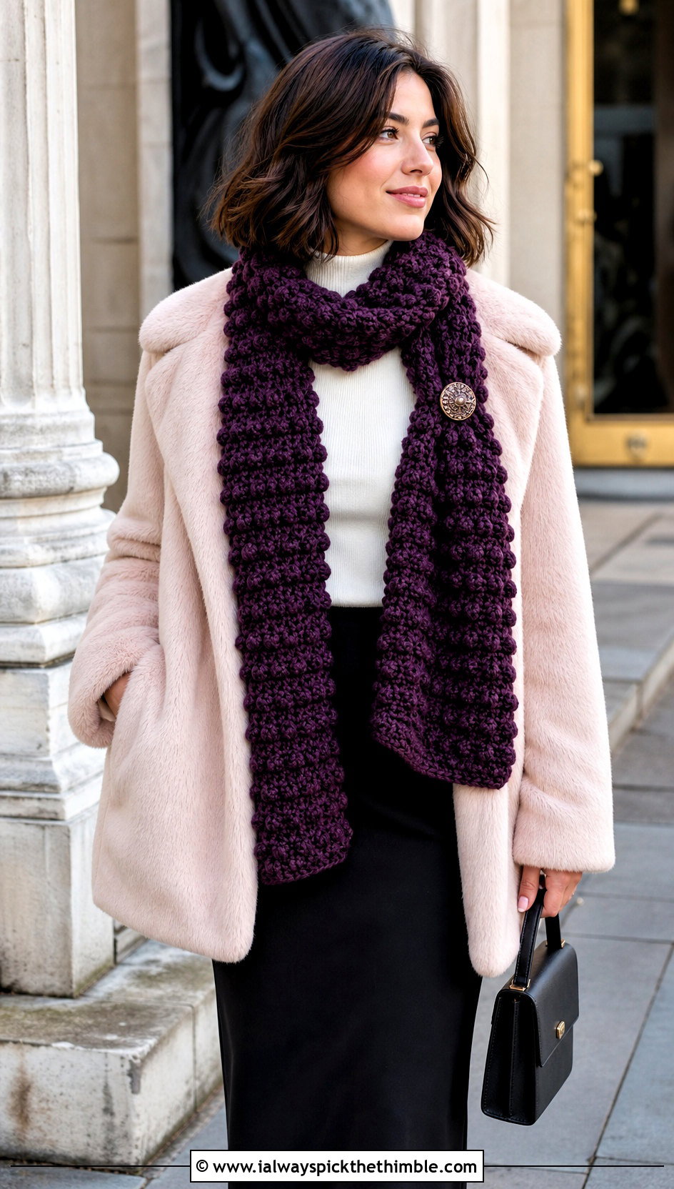 Bobble Stitch Winter Wishes Crochet Scarf With Faux Fur Coat - 15 Winter Wishes Crochet Scarf outfit ideas