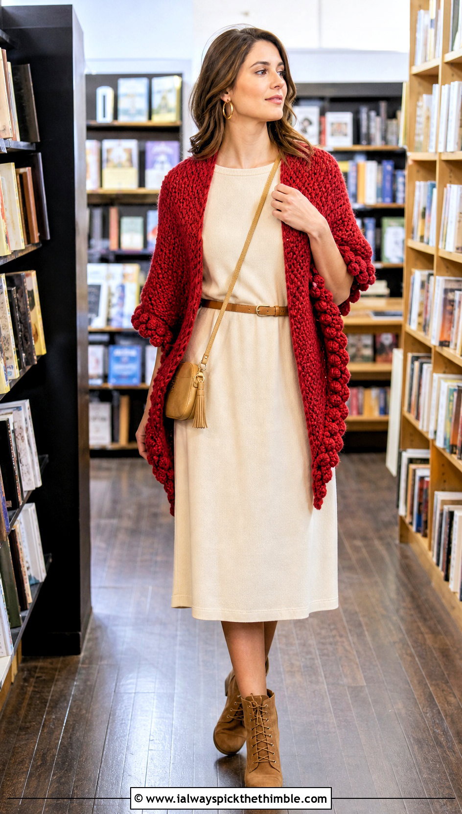 Bobble Stitch Worsted Weight Crochet Shawl With T Shirt Dress - 20 Crochet Shawl Worsted Weight Yarn outfit ideas
